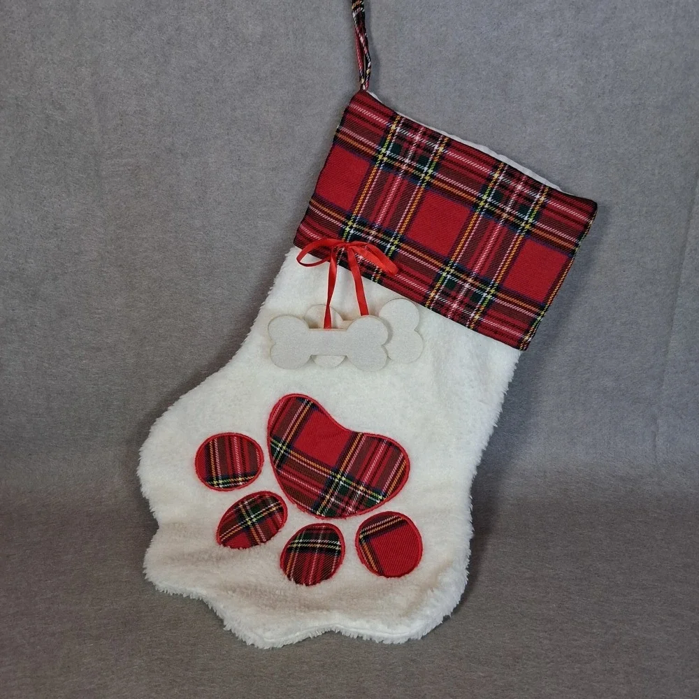Red Plaid Dog Paw Christmas Stocking Sherpa Fleece with Bone Charms Holiday